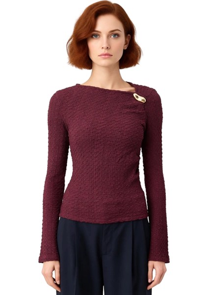 Kadın Vücuda Oturan Dokulu Uzun Kollu Asimetrik Yaka Örme Bluz Kaliteli Şık Rahat Modern Zarif