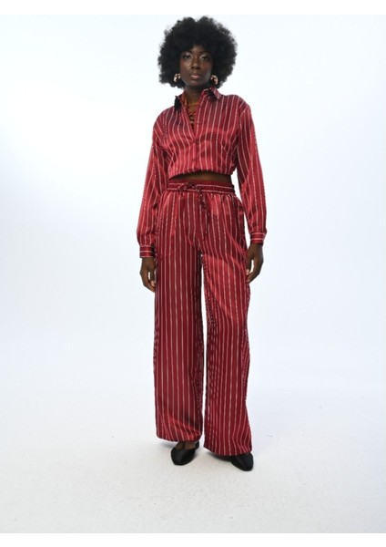 Kadın Beli Lastikli Bol Paça Çizgili Pantolon modelleri