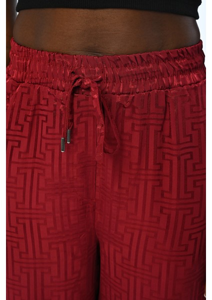 Kadın Beli Lastikli Bol Paça Bordo Renk Desenli Pantolon fiyatları