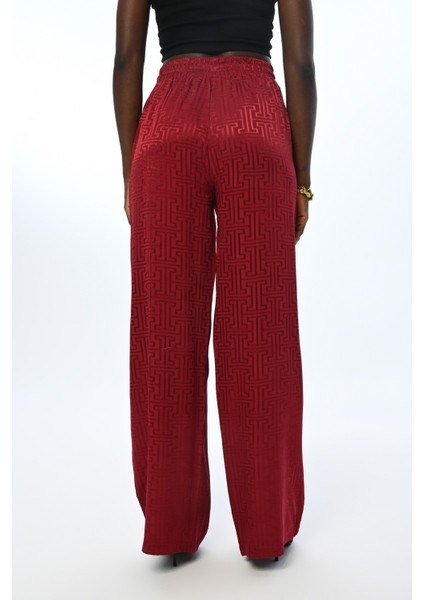 Kadın Beli Lastikli Bol Paça Bordo Renk Desenli Pantolon modelleri