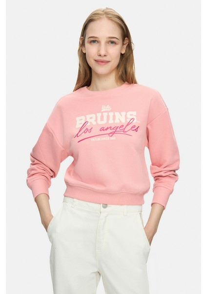 Mello Pembe Bisiklet Yaka Crop Baskılı Loose Fit Kadın Sweatshirt