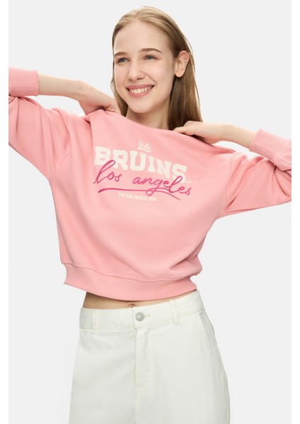 Mello Pembe Bisiklet Yaka Crop Baskılı Loose Fit Kadın Sweatshirt fiyatları