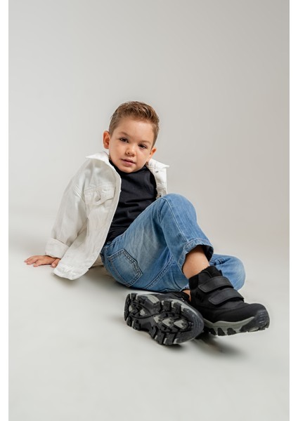 Erkek Çocuk Siyah Hakiki Deri Anatomik Günlük Bot