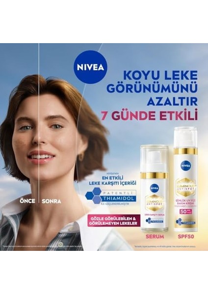Nıvea LUMINOUS630 Leke Karşıtı Gündüz Bakım Kremi 40ML, SPF50 Yüksek Güneş Koruyucu, Hyaluronik Asit, E Vitamini, Hassas Cilt, Yüz Güneş Koruyucu, Koyu Leke, Güneş Lekesi Karşıtı fiyatları
