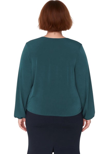 Kadın Moda Şık Büyük Beden Regular Kruvaze Yaka Regular Kalıp Örme Sandy Bluz modelleri