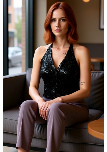 Kadın V Yaka Payetli Kolsuz Üst Kaliteli Şık Rahat Modern Zarif Günlük