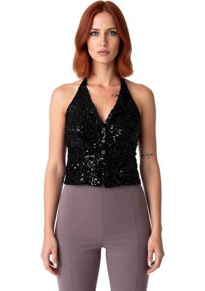 Kadın V Yaka Payetli Kolsuz Üst Kaliteli Şık Rahat Modern Zarif Günlük fiyatları