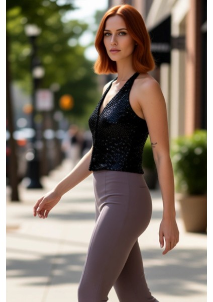 Kadın V Yaka Payetli Kolsuz Üst Kaliteli Şık Rahat Modern Zarif Günlük fırsatları