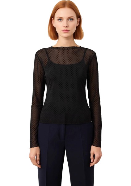 Kadın Uzun Kollu Puantiyeli Tül Örme Üst Bisiklet Yaka Kaliteli Şık Rahat Modern Zarif Günlük fiyatları