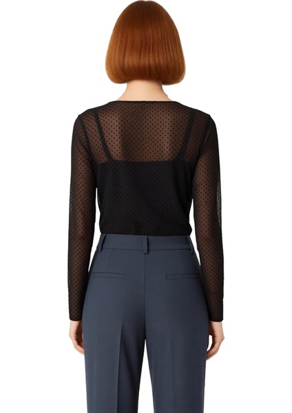 Kadın Uzun Kollu Puantiyeli Tül Örme Üst Bisiklet Yaka Kaliteli Şık Rahat Modern Zarif Günlük modelleri