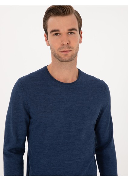 Erkek Indigo Slim Fit Yün Karışımlı Bisiklet Yaka Basic Triko Kazak 50315266-VR028 fiyatları