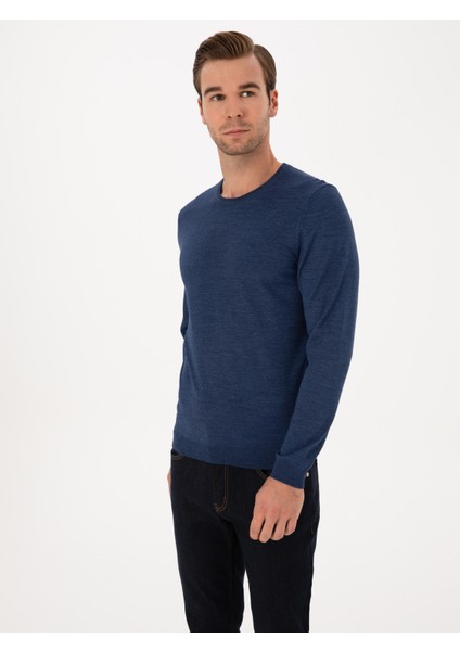 Erkek Indigo Slim Fit Yün Karışımlı Bisiklet Yaka Basic Triko Kazak 50315266-VR028 modelleri