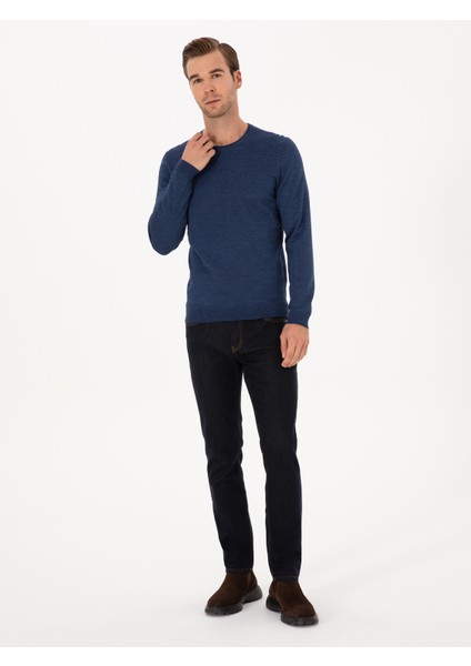 Erkek Indigo Slim Fit Yün Karışımlı Bisiklet Yaka Basic Triko Kazak 50315266-VR028 fırsatları