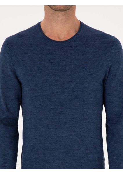 Erkek Indigo Slim Fit Yün Karışımlı Bisiklet Yaka Basic Triko Kazak 50315266-VR028