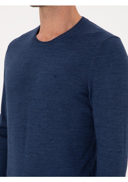 Erkek Indigo Slim Fit Yün Karışımlı Bisiklet Yaka Basic Triko Kazak 50315266-VR028