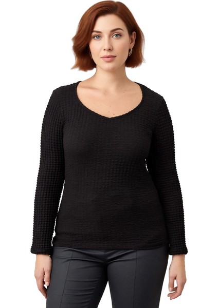 Kadın Gofre Dokulu V Yaka Uzun Kollu Örme Üst Kaliteli Şık Rahat Modern Zarif Günlük fiyatları