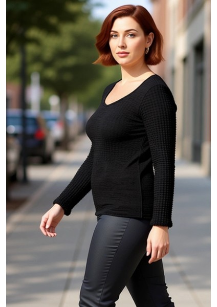 Kadın Gofre Dokulu V Yaka Uzun Kollu Örme Üst Kaliteli Şık Rahat Modern Zarif Günlük fırsatları
