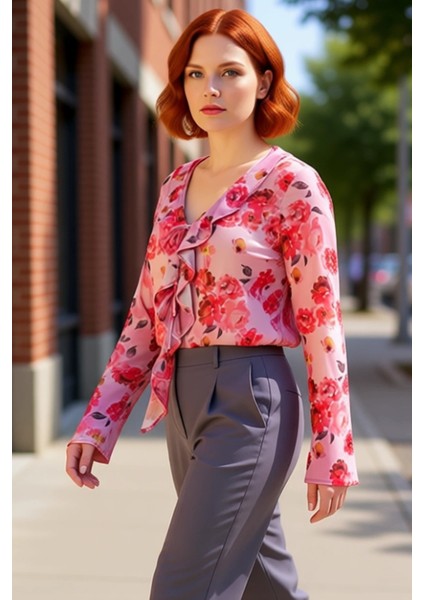 Kadın Ekose Desenli Tül Bağcıklı V Yaka Bluz Kaliteli Şık Rahat Modern Zarif Günlük fırsatları