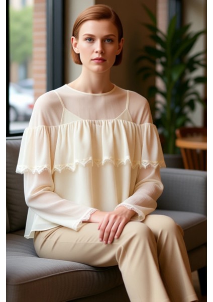 Kadın Düğmeli Şifon Bluz Bisiklet Yaka Regular Kalıp Polyester Dokuma Kumaş Kaliteli Şık Rahat