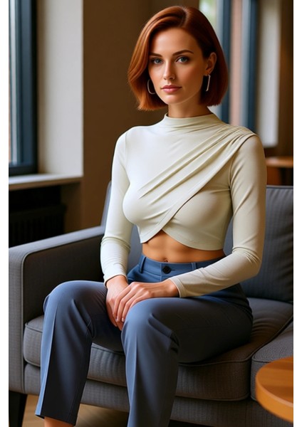 Kadın Moda Şık Üst Giyim Super Crop Dik Yaka Slim Kalıp Örme Drapeli Crop Bluz