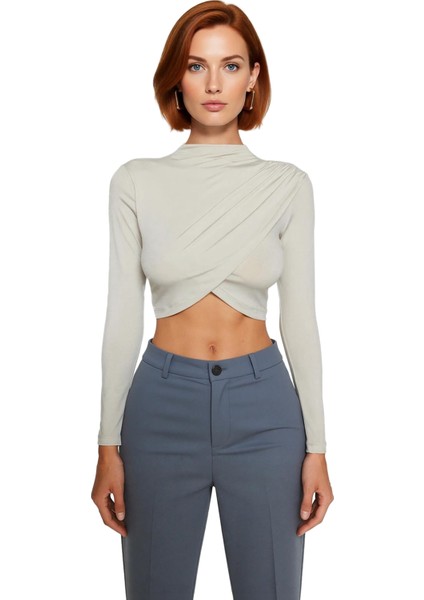 Kadın Moda Şık Üst Giyim Super Crop Dik Yaka Slim Kalıp Örme Drapeli Crop Bluz fiyatları