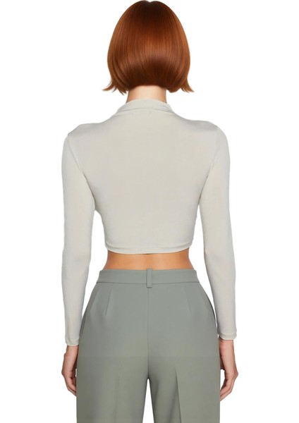 Kadın Moda Şık Üst Giyim Super Crop Dik Yaka Slim Kalıp Örme Drapeli Crop Bluz modelleri