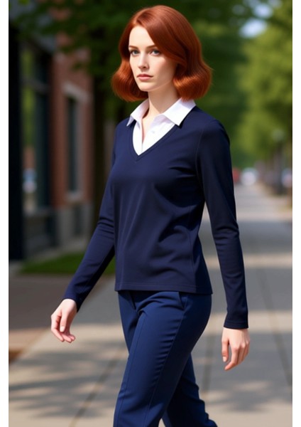 Kadın Moda Şık Uzun Polo Yaka Regular Kalıp Örme Dokuma Detaylı Gömlek Yaka Normal Kalıp Bluz fırsatları