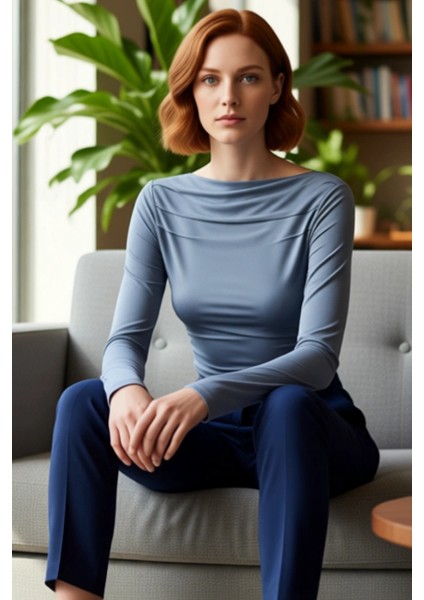 Kadın Moda Şık Üst Giyim Regular Kayık Yaka Slim Kalıp Örme Drapeli Vücuda Oturan Esnek Bluz