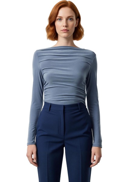 Kadın Moda Şık Üst Giyim Regular Kayık Yaka Slim Kalıp Örme Drapeli Vücuda Oturan Esnek Bluz fiyatları