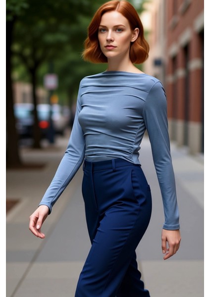 Kadın Moda Şık Üst Giyim Regular Kayık Yaka Slim Kalıp Örme Drapeli Vücuda Oturan Esnek Bluz fırsatları