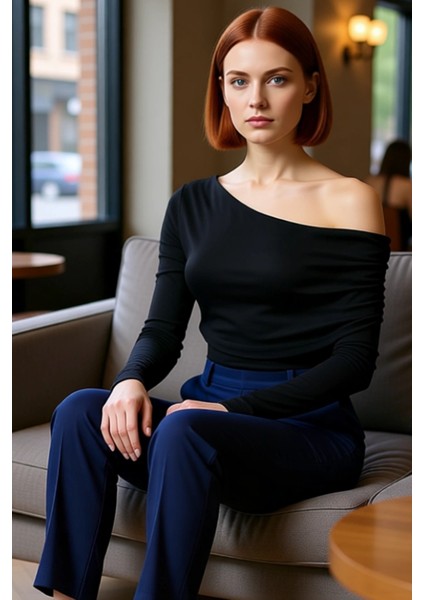 Kadın Moda Şık Üst Giyim Regular Asimetrik Yaka Slim Kalıp Örme Fitted Vücuda Oturan Esnek Bluz