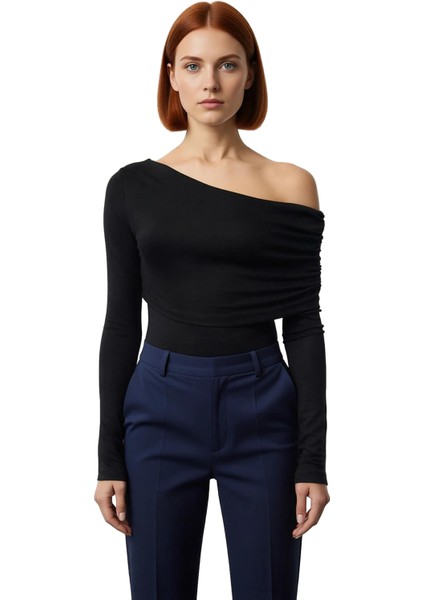 Kadın Moda Şık Üst Giyim Regular Asimetrik Yaka Slim Kalıp Örme Fitted Vücuda Oturan Esnek Bluz fiyatları