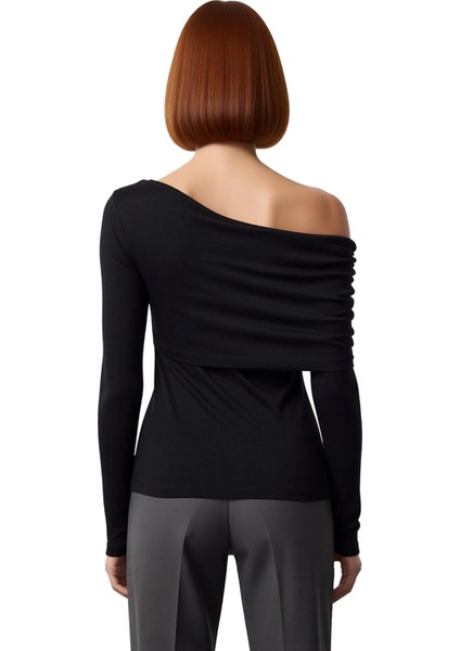 Kadın Moda Şık Üst Giyim Regular Asimetrik Yaka Slim Kalıp Örme Fitted Vücuda Oturan Esnek Bluz modelleri