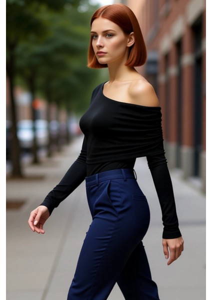 Kadın Moda Şık Üst Giyim Regular Asimetrik Yaka Slim Kalıp Örme Fitted Vücuda Oturan Esnek Bluz fırsatları