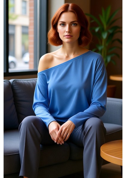 Kadın Moda Şık Regular Kayık Yaka Tek Kol Relaxed Kalıp Örme %100 Modal Kumaş Rahat Kesim Bluz