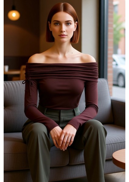 Kadın Büzgü Detaylı Carmen Yaka Fitted Uzun Kollu Örme Bluz Kaliteli Şık Rahat Modern Zarif