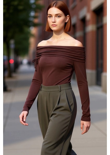 Kadın Büzgü Detaylı Carmen Yaka Fitted Uzun Kollu Örme Bluz Kaliteli Şık Rahat Modern Zarif fırsatları