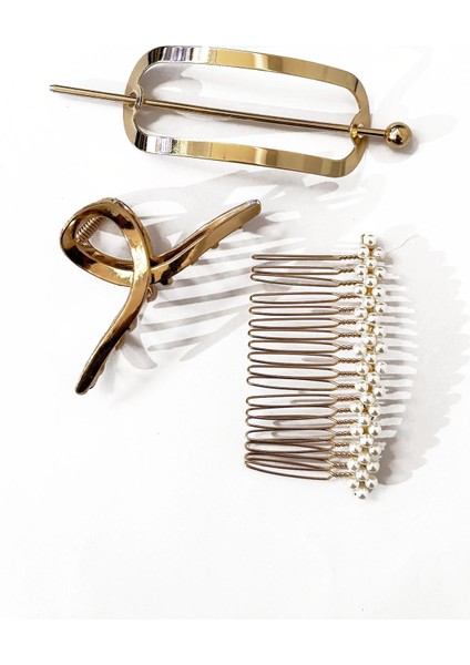 Altın ve Inci Detaylı 3'lü Topuz Toka Seti