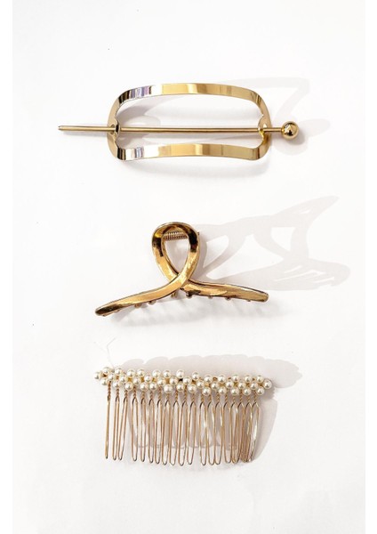 Altın ve Inci Detaylı 3'lü Topuz Toka Seti fiyatları