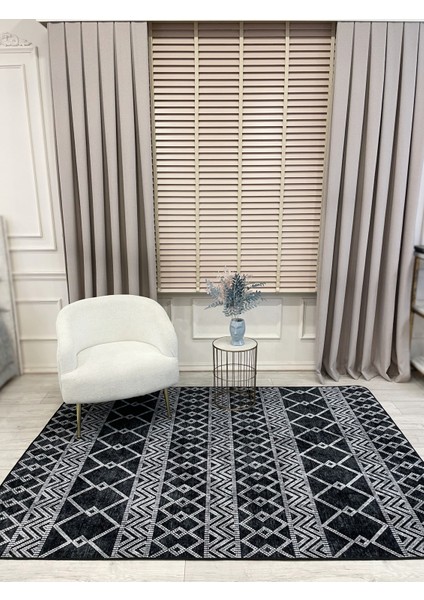 Gri Siyah Iskandinav Tarzı Kilim Desenli Yolluk Lateks Halı