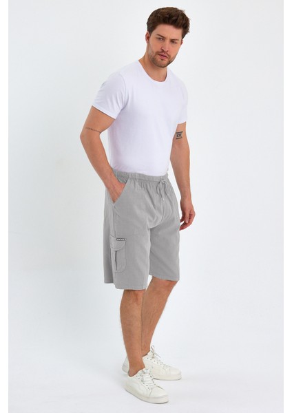 Yazlık Keten Görünümlü Kargo Cep Lastikli, Bol Kesim Toprak Renk Şort 201-22