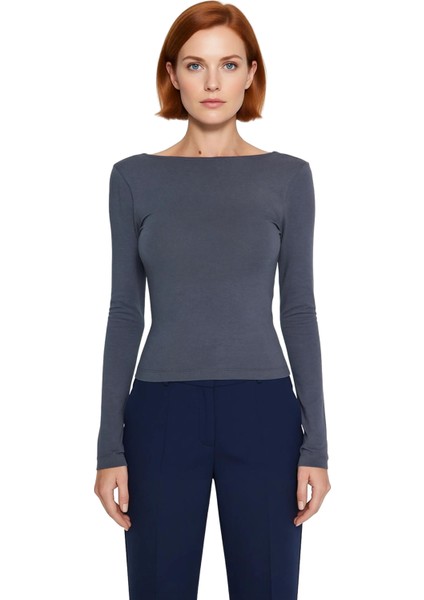 Kadın Şık Regular Kayık Yaka Slim Kalıp Örme Pamuklu Sırt Dekolteli Fitted Vücuda Oturan Esne Bluz fiyatları