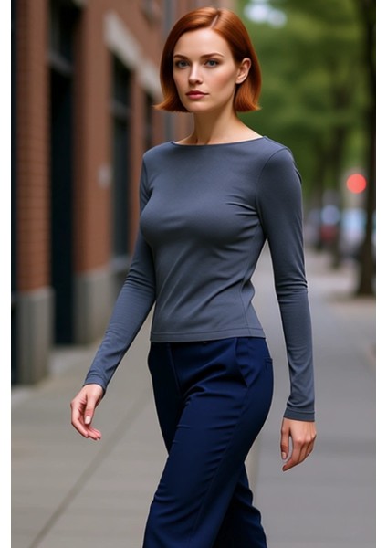 Kadın Şık Regular Kayık Yaka Slim Kalıp Örme Pamuklu Sırt Dekolteli Fitted Vücuda Oturan Esne Bluz fırsatları