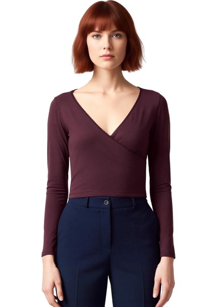 Moda Kruvaze Örme Slim Düz Desen Casual Günlük Crop Uzun Kol Bluz