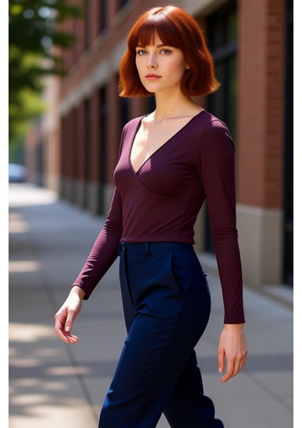 Moda Kruvaze Örme Slim Düz Desen Casual Günlük Crop Uzun Kol Bluz modelleri