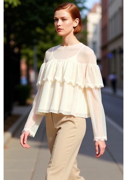 Kadın Düğmeli Şifon Bluz Bisiklet Yaka Regular Kalıp Polyester Dokuma Kumaş Kaliteli Şık Rahat fırsatları