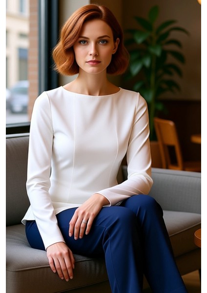 Kadın Regular Boy Peplum Kesim Kayık Yaka Bluz Kaliteli Şık Rahat Modern Zarif Günlük