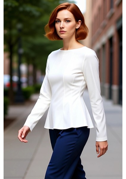Kadın Regular Boy Peplum Kesim Kayık Yaka Bluz Kaliteli Şık Rahat Modern Zarif Günlük fırsatları