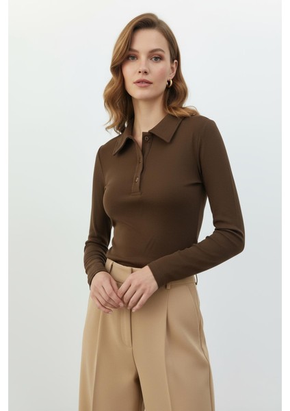 8222A Polo Yaka Uzun Kol Bluz Kahve
