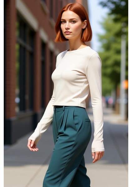 Kadın Pembe Viskon Ribana Dokulu Fitted Bisiklet Yaka Uzun Kollu Crop Bluz Günlük Kullanıma Uygun